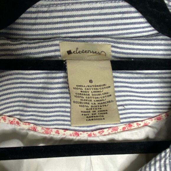 Anthropologie Elevenses Wm’s Sz 6 Blue White Stripe Cotton Bell Sleeves Pea Coat - Picture 4 of 5